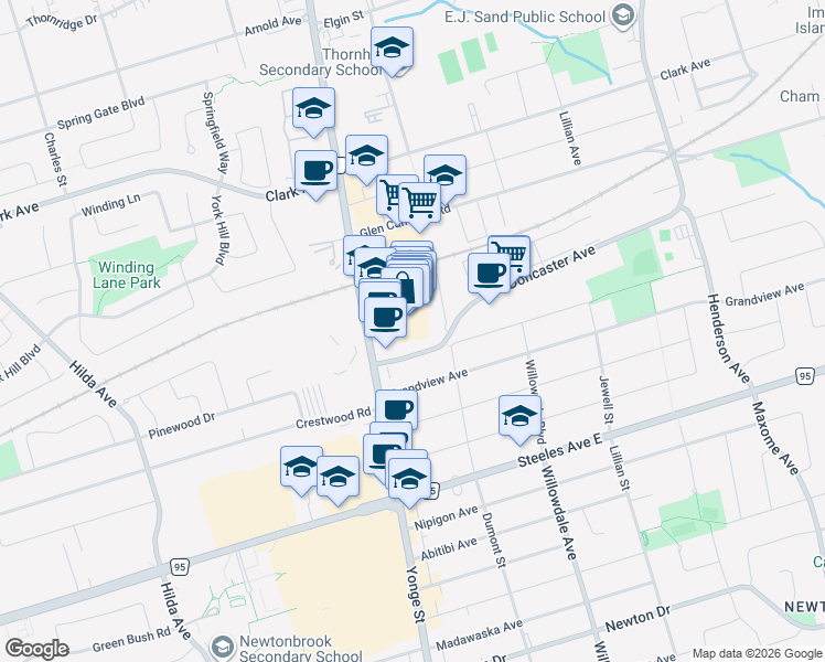 map of restaurants, bars, coffee shops, grocery stores, and more near 7171 Yonge Street in Markham