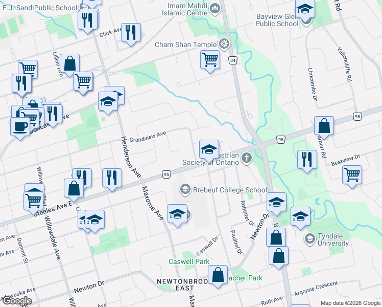 map of restaurants, bars, coffee shops, grocery stores, and more near 215 Grandview Avenue in Markham
