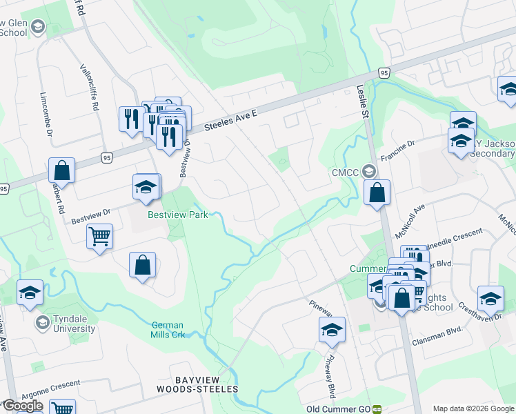 map of restaurants, bars, coffee shops, grocery stores, and more near 299 Goldenwood Road in Toronto