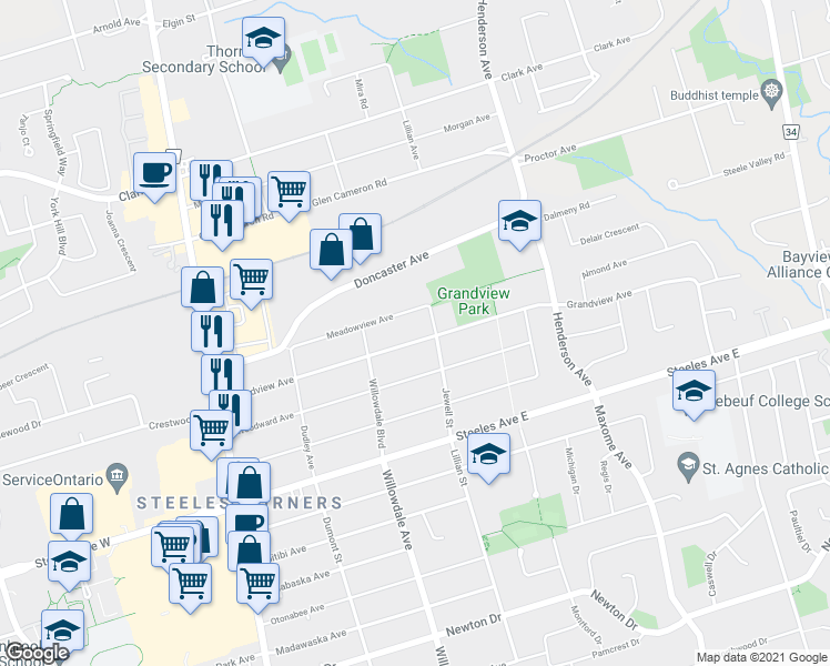 map of restaurants, bars, coffee shops, grocery stores, and more near 607 Gibney Crescent in Newmarket