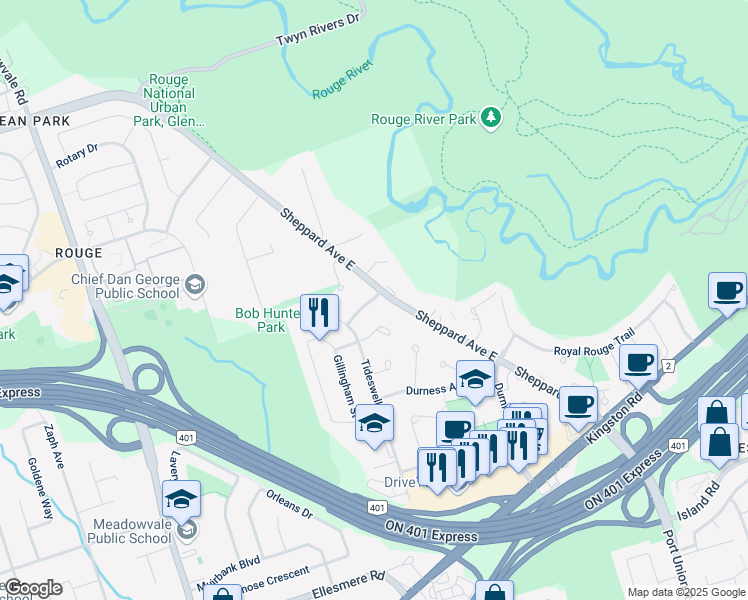 map of restaurants, bars, coffee shops, grocery stores, and more near 5 Vandorf Street in Toronto