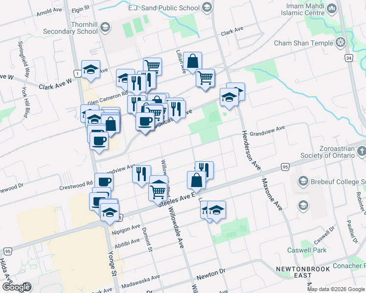 map of restaurants, bars, coffee shops, grocery stores, and more near 86 Grandview Avenue in Markham