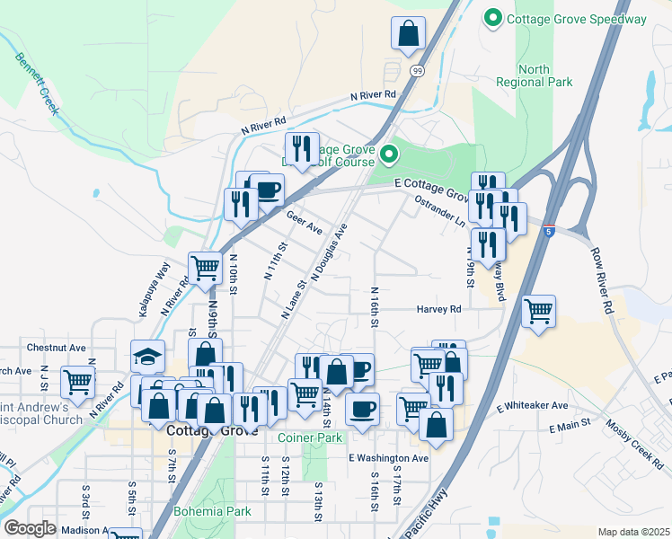 map of restaurants, bars, coffee shops, grocery stores, and more near 806 North Douglas Avenue in Cottage Grove