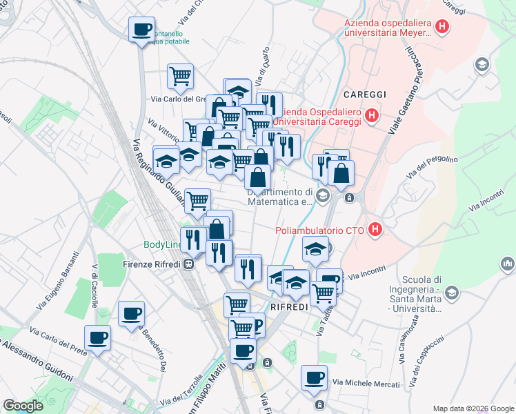 map of restaurants, bars, coffee shops, grocery stores, and more near Via delle Panche in Firenze