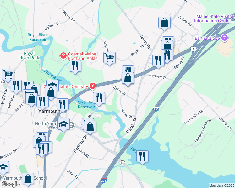 map of restaurants, bars, coffee shops, grocery stores, and more near 137 Bridge Street in Yarmouth