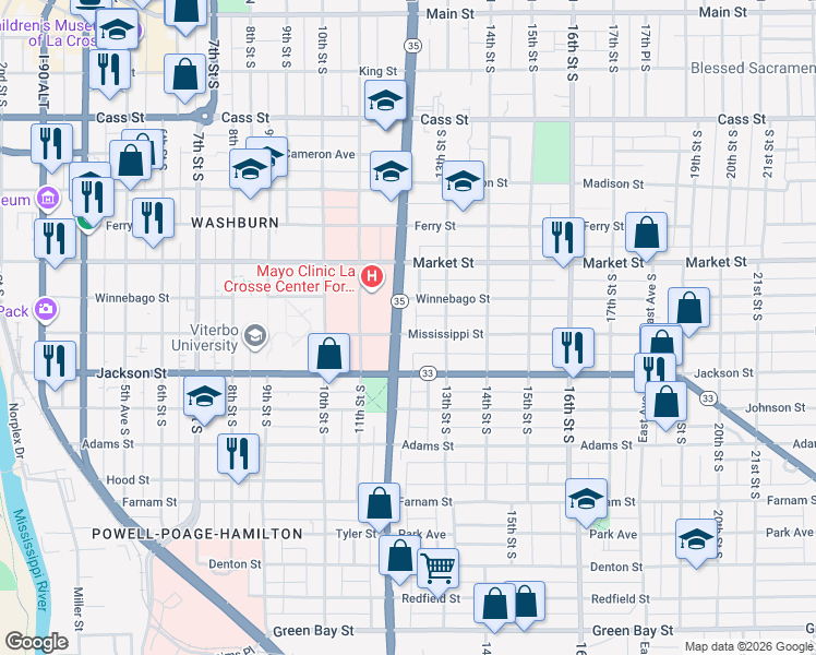 map of restaurants, bars, coffee shops, grocery stores, and more near 819 West Avenue South in La Crosse