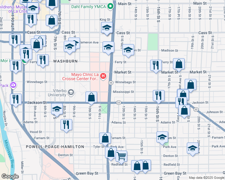 map of restaurants, bars, coffee shops, grocery stores, and more near 819 West Avenue South in La Crosse