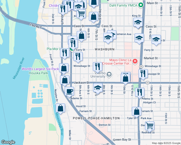 map of restaurants, bars, coffee shops, grocery stores, and more near 816 7th Street South in La Crosse