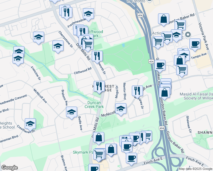 map of restaurants, bars, coffee shops, grocery stores, and more near 63 Mogul Drive in Toronto
