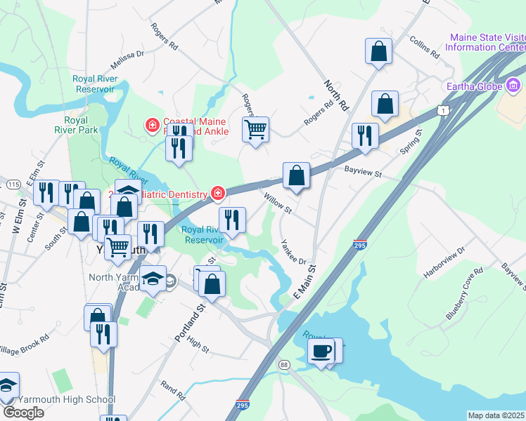 map of restaurants, bars, coffee shops, grocery stores, and more near 137 Bridge Street in Yarmouth