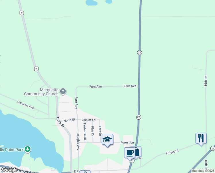 map of restaurants, bars, coffee shops, grocery stores, and more near Fern Avenue in Montello