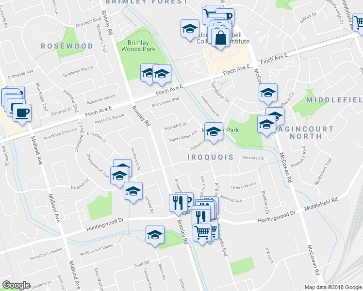 map of restaurants, bars, coffee shops, grocery stores, and more near 6 Cudham Drive in Toronto