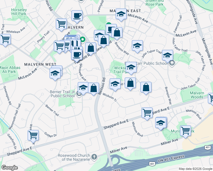 map of restaurants, bars, coffee shops, grocery stores, and more near 68 Quantrell Trail in Toronto