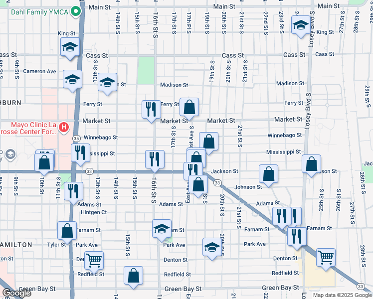 map of restaurants, bars, coffee shops, grocery stores, and more near 1725 Mississippi Street in La Crosse