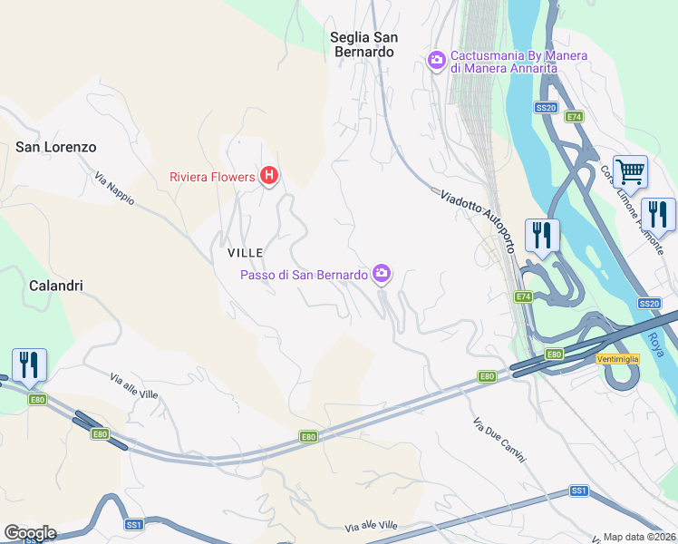 map of restaurants, bars, coffee shops, grocery stores, and more near 82 Via Sant'Anna in Ventimiglia