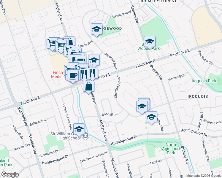 map of restaurants, bars, coffee shops, grocery stores, and more near Knockbolt Crescent in Toronto
