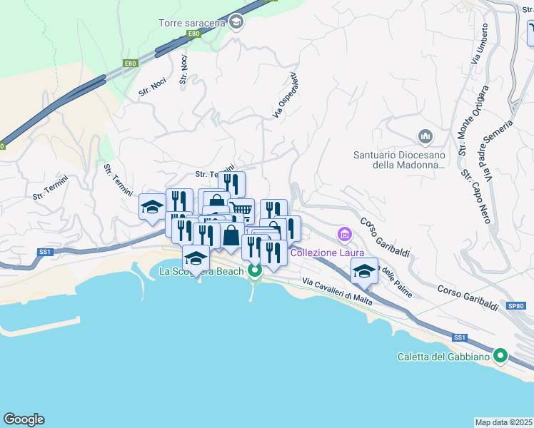 map of restaurants, bars, coffee shops, grocery stores, and more near 20 Via della Noria in Ospedaletti