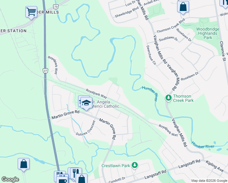 map of restaurants, bars, coffee shops, grocery stores, and more near 105 Panorama Crescent in Vaughan
