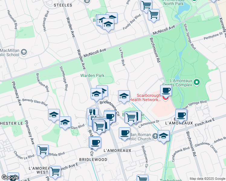 map of restaurants, bars, coffee shops, grocery stores, and more near 50 Brookmill Boulevard in Toronto
