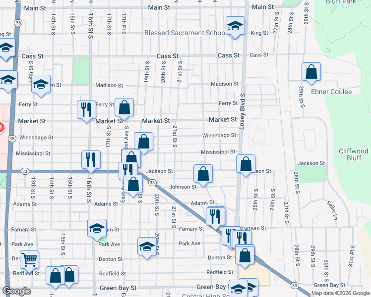 map of restaurants, bars, coffee shops, grocery stores, and more near 2131 Mississippi Street in La Crosse