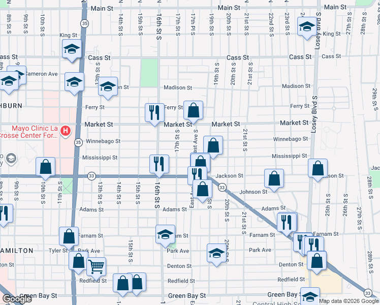 map of restaurants, bars, coffee shops, grocery stores, and more near 1725 Mississippi Street in La Crosse
