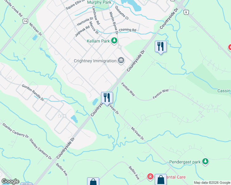 map of restaurants, bars, coffee shops, grocery stores, and more near 4047 Countryside Drive in Brampton