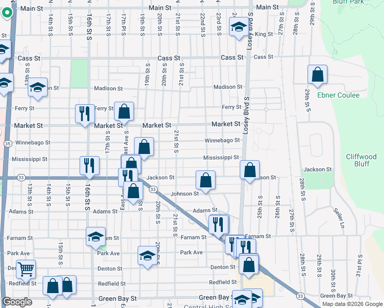 map of restaurants, bars, coffee shops, grocery stores, and more near 2131 Mississippi Street in La Crosse