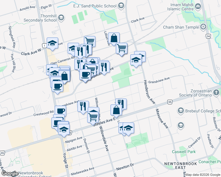 map of restaurants, bars, coffee shops, grocery stores, and more near 90 Grandview Avenue in Markham