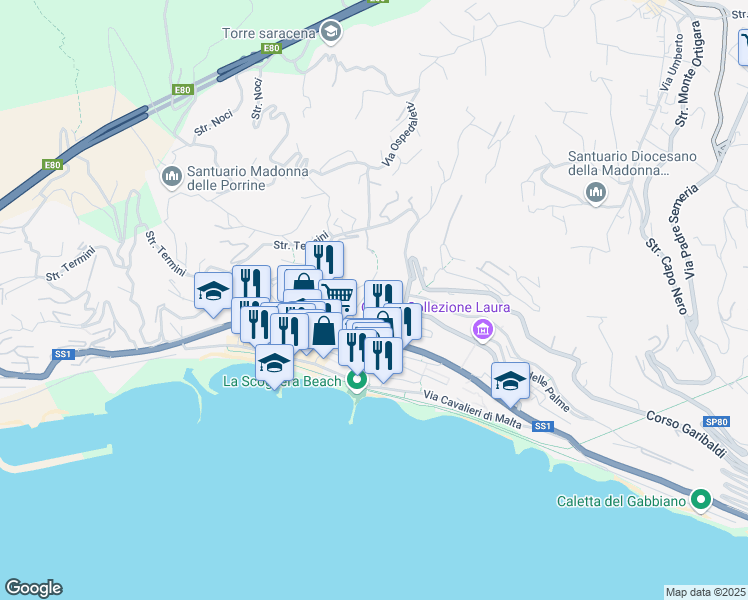 map of restaurants, bars, coffee shops, grocery stores, and more near 20 Via della Noria in Ospedaletti