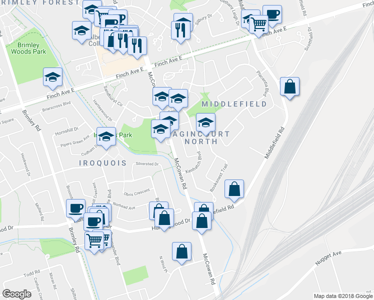 map of restaurants, bars, coffee shops, grocery stores, and more near 29 Marrakesh Drive in Toronto