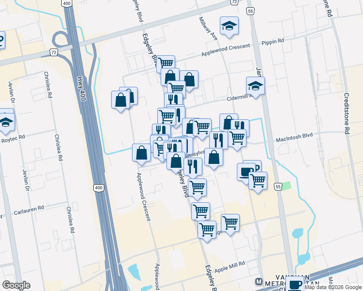 map of restaurants, bars, coffee shops, grocery stores, and more near 391 Edgeley Boulevard in Vaughan