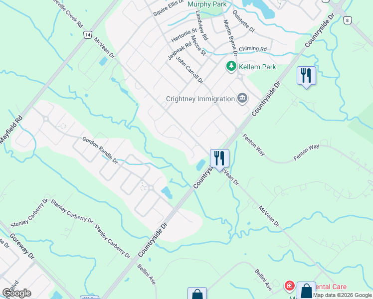 map of restaurants, bars, coffee shops, grocery stores, and more near 2 Autumn Olive Way in Brampton