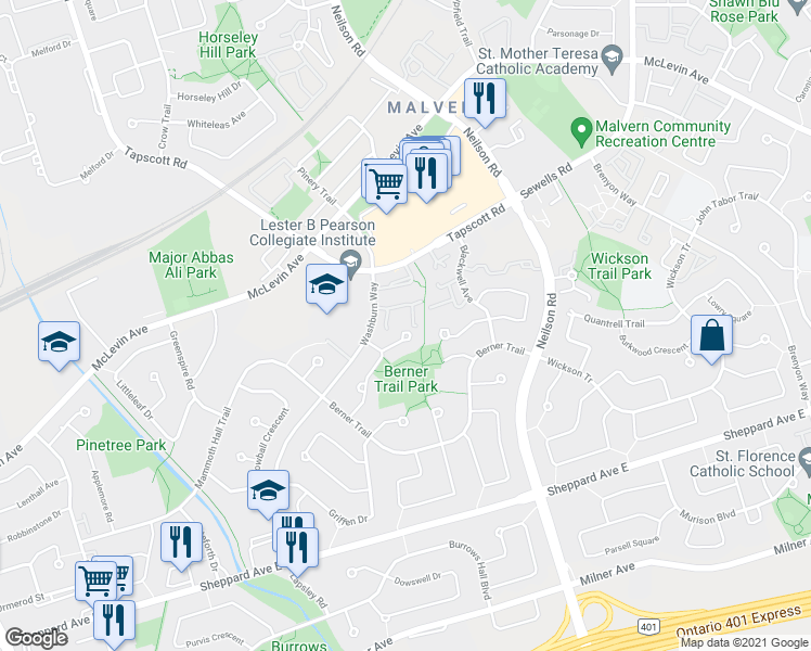 map of restaurants, bars, coffee shops, grocery stores, and more near 51 Wiggens Court in Toronto