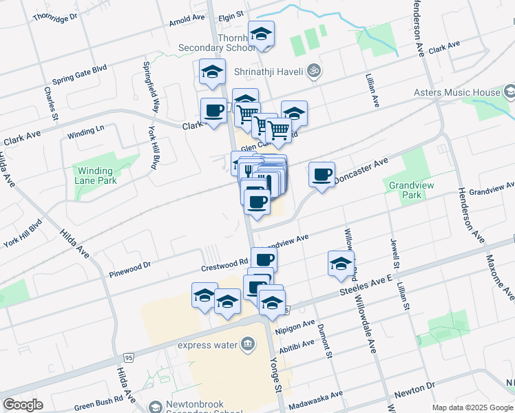 map of restaurants, bars, coffee shops, grocery stores, and more near 7171 Yonge Street in Markham