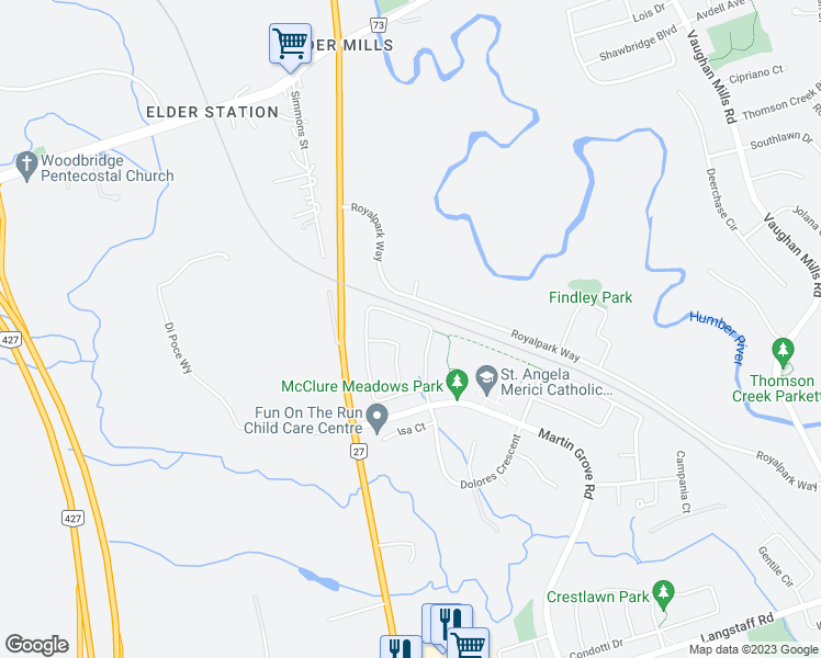 map of restaurants, bars, coffee shops, grocery stores, and more near 98 Andy Crescent in Vaughan