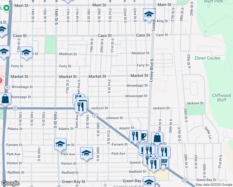 map of restaurants, bars, coffee shops, grocery stores, and more near 2131 Mississippi Street in La Crosse