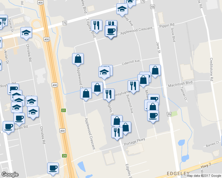 map of restaurants, bars, coffee shops, grocery stores, and more near 391 Edgeley Boulevard in Vaughan
