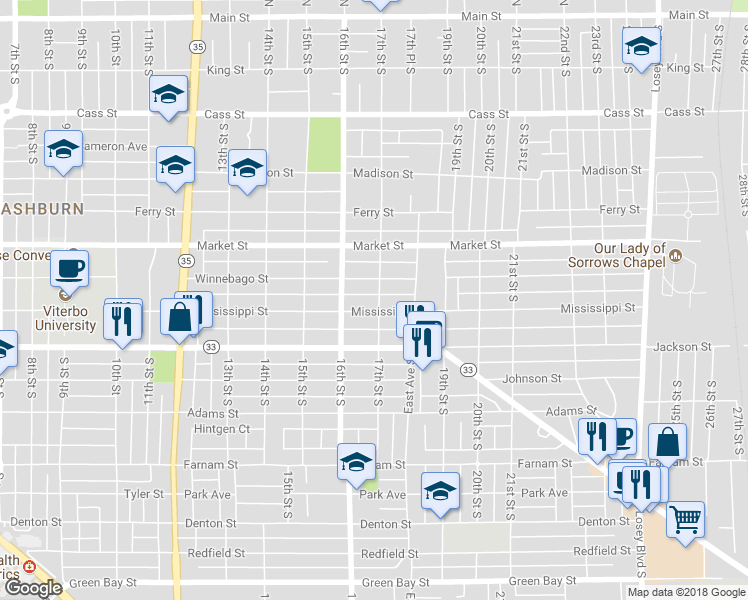 map of restaurants, bars, coffee shops, grocery stores, and more near 814 17th St S in La Crosse