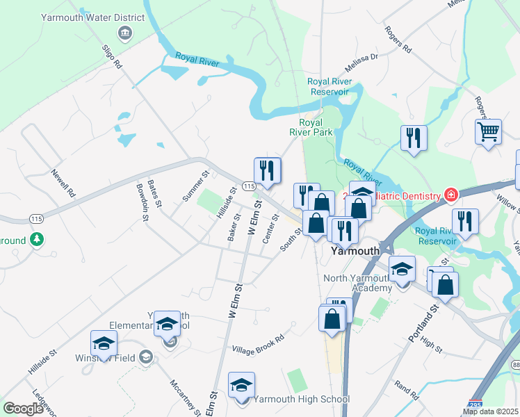 map of restaurants, bars, coffee shops, grocery stores, and more near 22 West Elm Street in Yarmouth