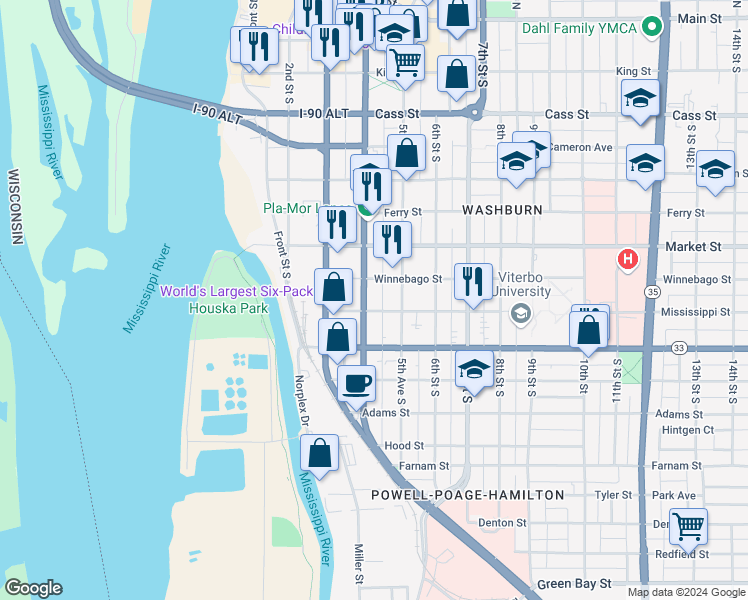 map of restaurants, bars, coffee shops, grocery stores, and more near 1023 4th Street South in La Crosse