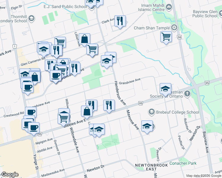 map of restaurants, bars, coffee shops, grocery stores, and more near 157 Highland Park Boulevard in Markham