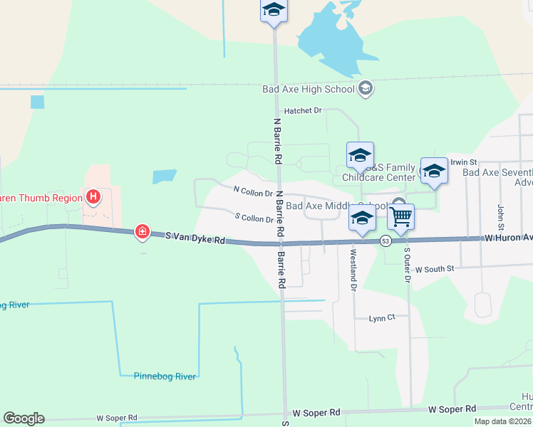 map of restaurants, bars, coffee shops, grocery stores, and more near 1008 South Collon Drive in Bad Axe