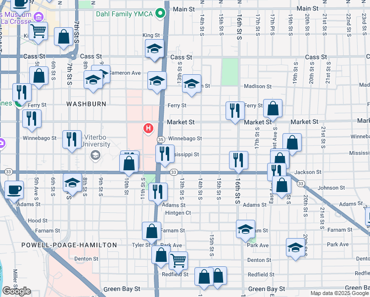 map of restaurants, bars, coffee shops, grocery stores, and more near 815 13th Street South in La Crosse