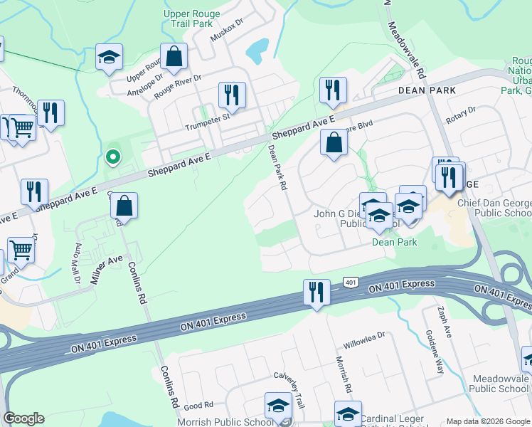 map of restaurants, bars, coffee shops, grocery stores, and more near 24 Gaudi Road in Toronto