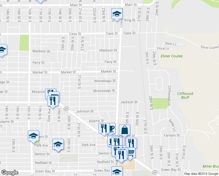 map of restaurants, bars, coffee shops, grocery stores, and more near 2311 Mississippi Street in La Crosse