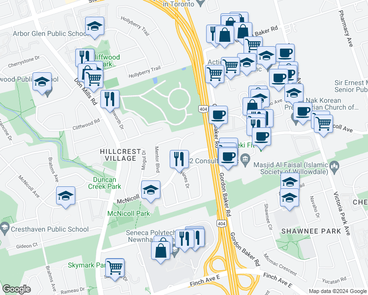 map of restaurants, bars, coffee shops, grocery stores, and more near 63 Picola Court in Toronto