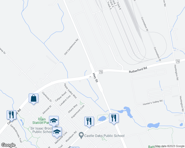 map of restaurants, bars, coffee shops, grocery stores, and more near 5254 Castlemore Road in Brampton