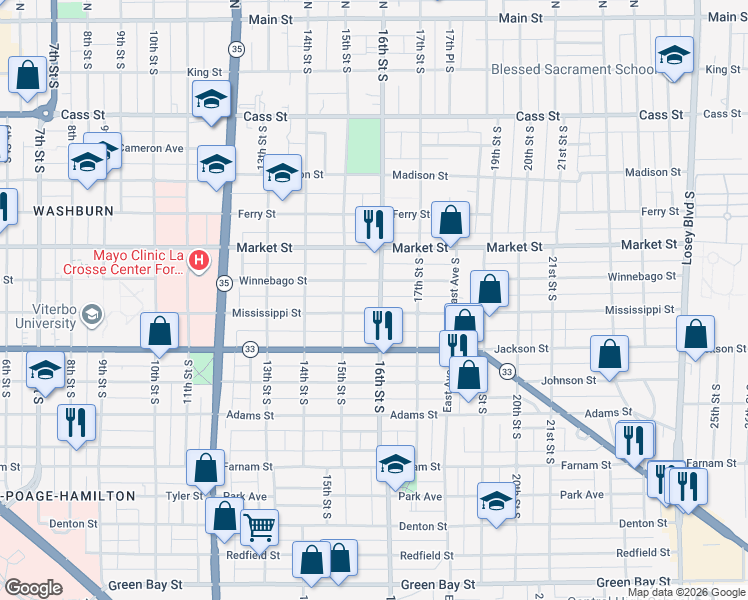 map of restaurants, bars, coffee shops, grocery stores, and more near 814 16th Street South in La Crosse