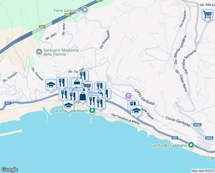 map of restaurants, bars, coffee shops, grocery stores, and more near 58 Via Camillo Benso Conte di Cavour in Ospedaletti