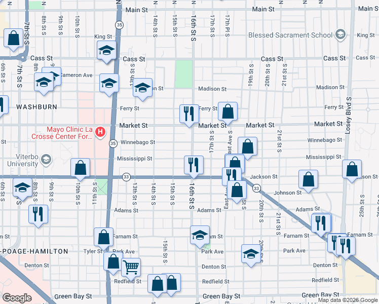 map of restaurants, bars, coffee shops, grocery stores, and more near 814 16th Street South in La Crosse